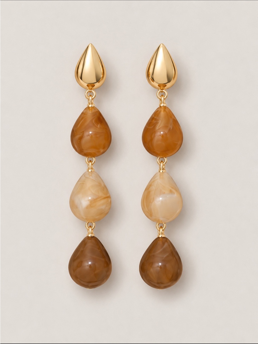 New! Gold Brown Teardrop Triple Bead Statement Drop Earrings NWOT